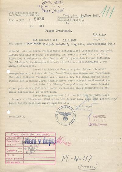 A8 - Documento della “Hadega” (Handesgesellschaft mbH Prag) una speciale compagnia che gestiva le proprietà confiscate o svendute degli ebrei a Praga
